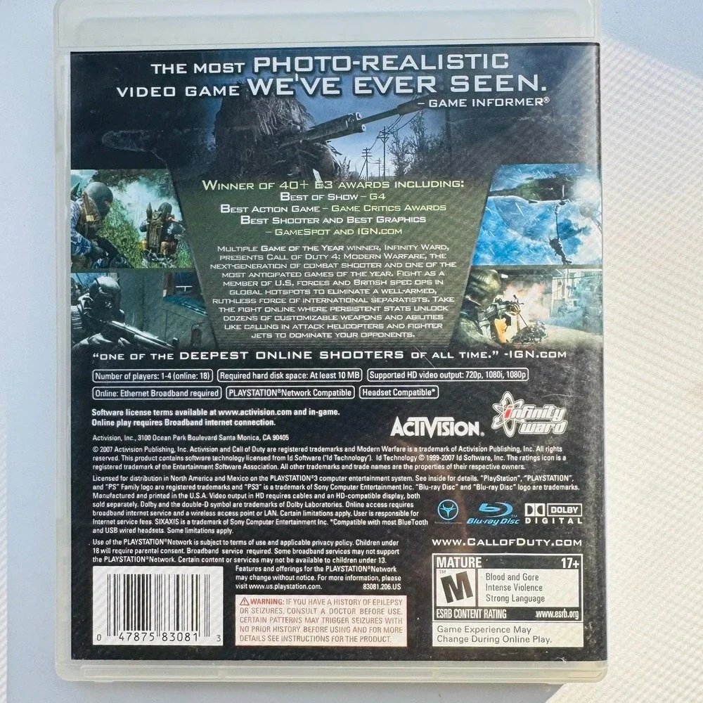 Call of Duty 4 Modern Warfare Sony PlayStation 3 PS3 2007 Activision Video Game